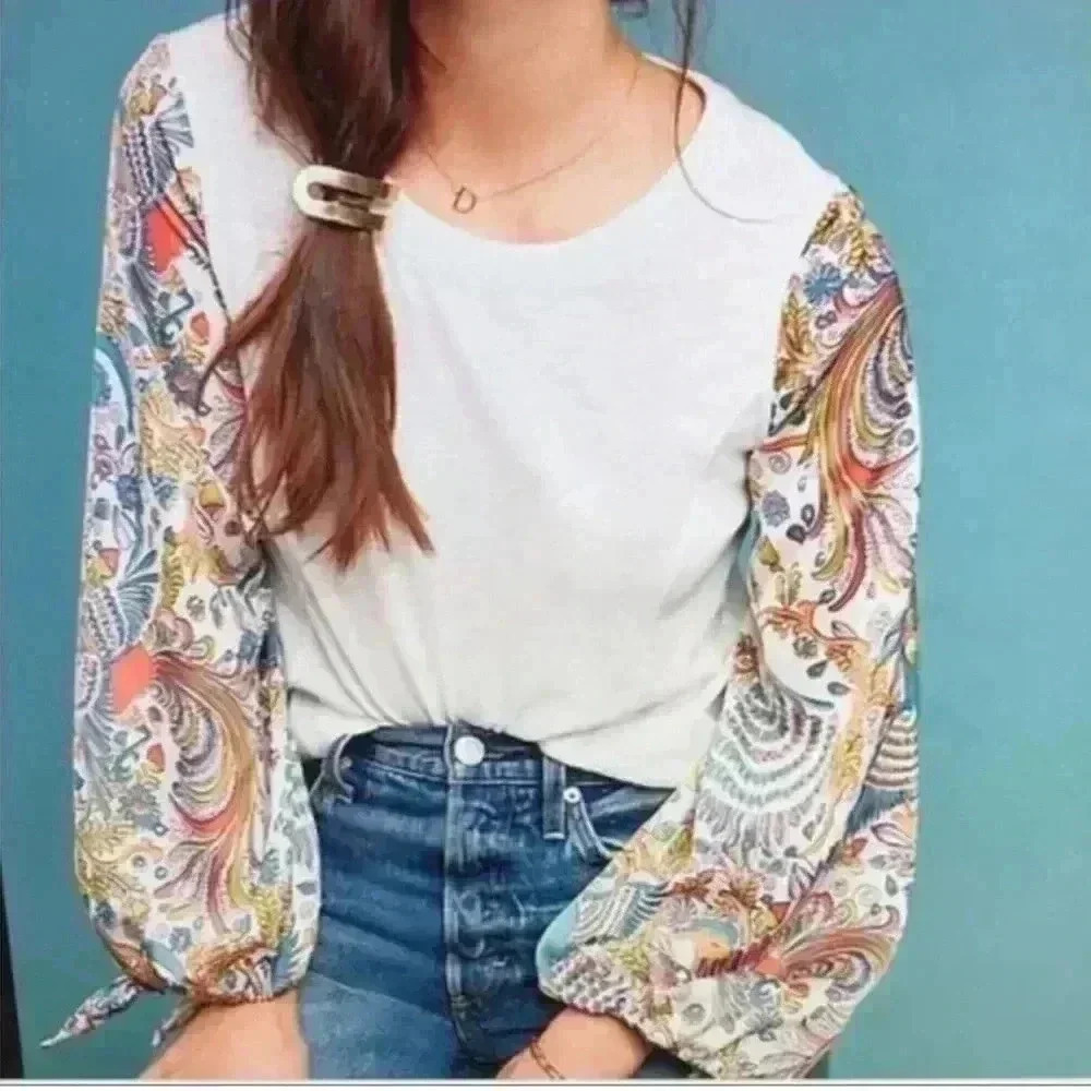 Anthropologie Maybelle Bird Peacock Tie Sleeve Blouse Medium Cotton Boho Shirt